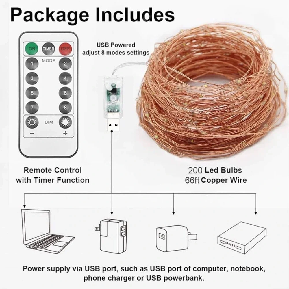 Fairy Lights 200 LED Copper Wire String Lights Indoor Outdoor 83ft Lot 2